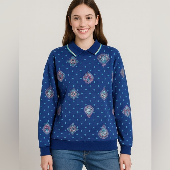 Vintage GITANO Paisley Collared Polo Sweater Small Preppy Grandma Sweater - Picture 1 of 7